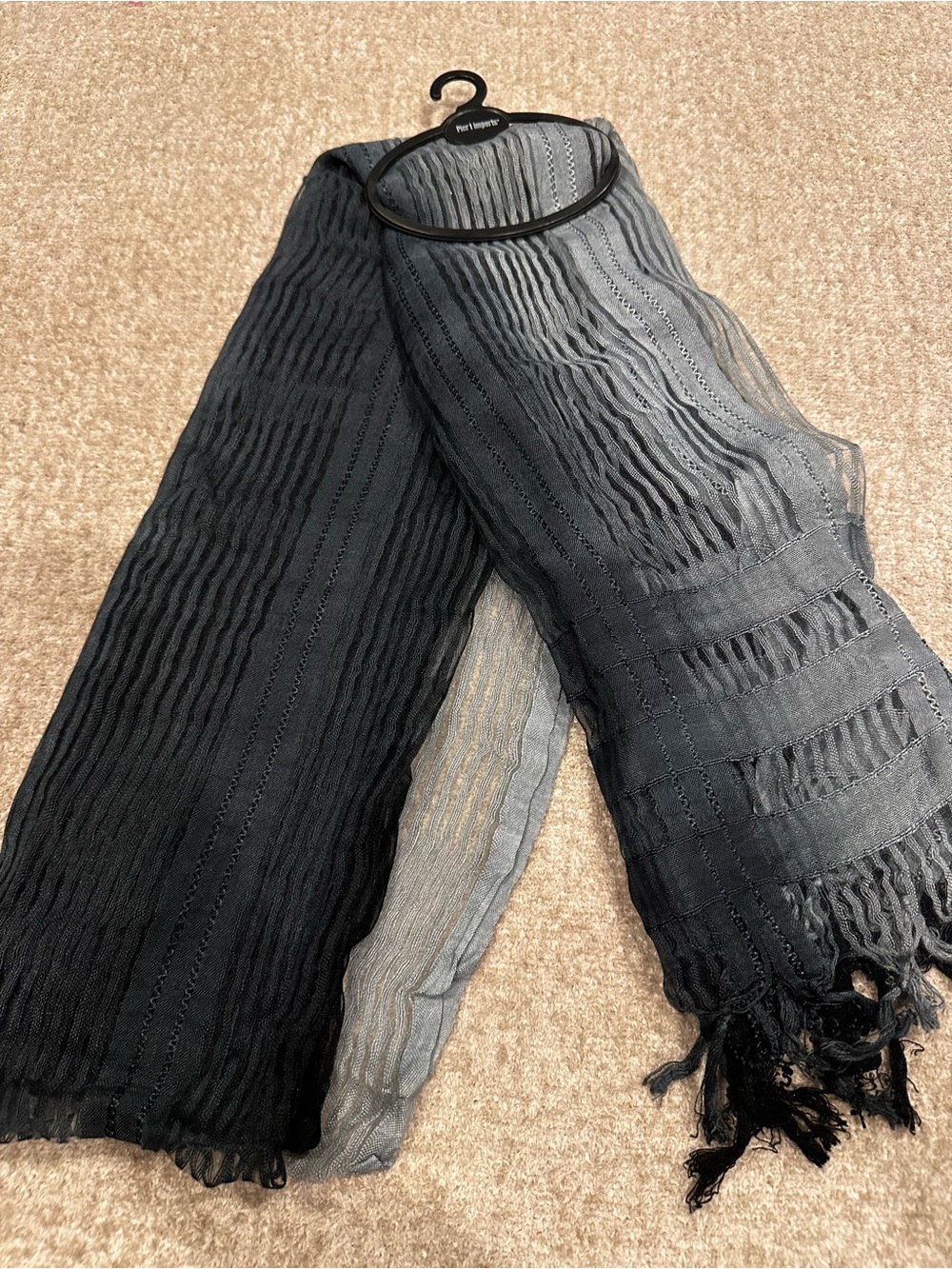 Pier 1 Black Crinkle Striped Scarf with Fringe